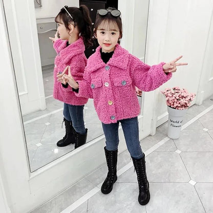 Girls Lamb Wool Coat Autumn and Winter Clothes Children's Fashion Beautiful Short Winter Thick Woolen Cloth Little Girl Plush Coat