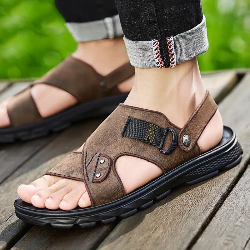 Men's Sandals Outer Wear Genuine Cowhide Leather Soft-soled Sandals Summer Thick-soled Beach Sandals Dual-use Slippers Open Toe Sandals