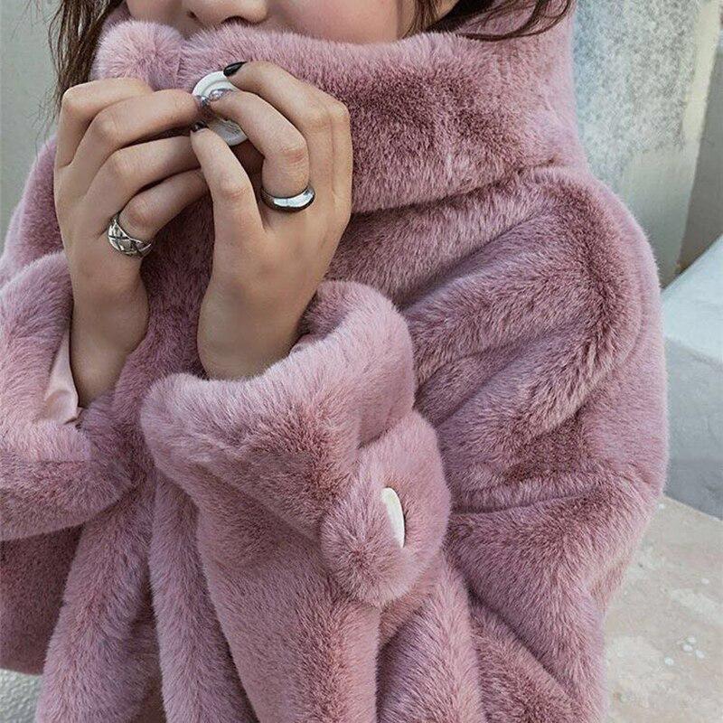 Faux Fur Coat Women Casual Korean Hoodies Furry Thick Bat Sleeved Warm Long Faux Rabbit Fur Jacket Loose Winter Coat Outwears