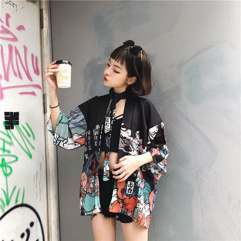 Comic Print  Cardigans Japanese Kimono Cardigan Woman Thin College Streetwear Sunscreen Clothes Kimono Coat