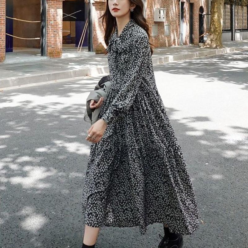 Spring and Autumn French Retro Floral Ladies Bottoming Dress Long Dress Fashion Korean Version Loose and Thin Hepburn Printed Women's Long Dress