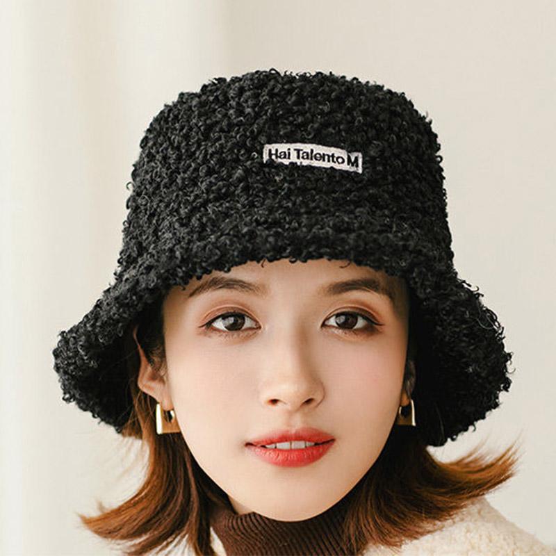 Women Hat Autumn and Winter All-match Lamb Wool Fisherman Hat Round Face Thinner Thick Bucket Hat Fashion Warmth Out Hat Adjustable Size