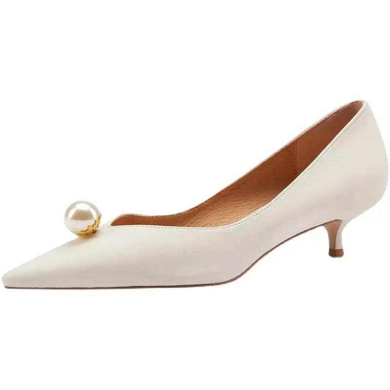 French Low-heeled Single Shoes Women's Stiletto Pointed High Heels 3cm Low-heeled Pearl-decorated Leather Shoes Women's High-heeled Shoes