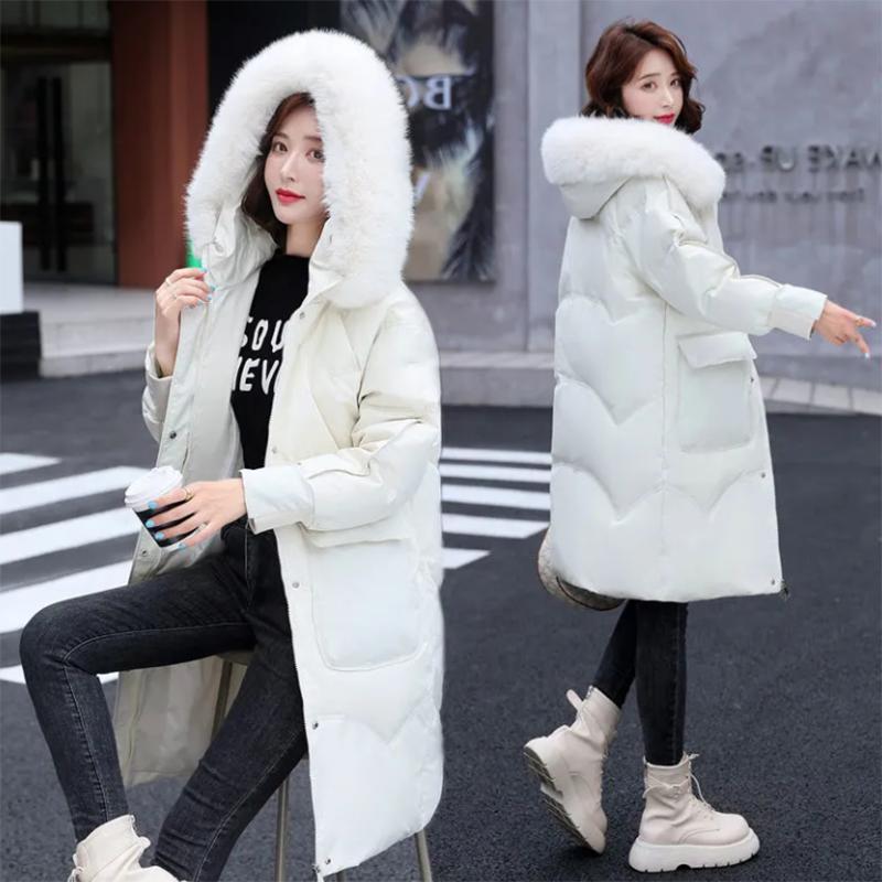 Women's Shiny Down Padded Jacket Mid-length Korean Style Loose Padded Jacket Warm Cotton Coat Big Fur Collar Winter Clothes