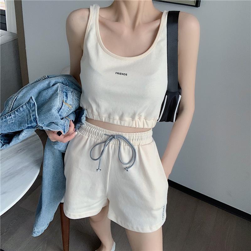 2PCS Summer Women's Sports Suit Vest T-shirt + Loose Drawstring Shorts Two-piece Set Fitness Running Jogging Suit Casual Workout Clothes Set