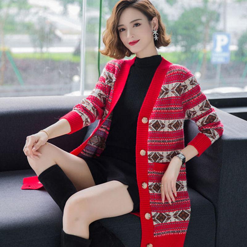 Autumn and Winter Long-sleeved Cardigan Sweater Loose-fitting Outer Wear Mid-length Jacket Jacquard Knitted Female Jacket