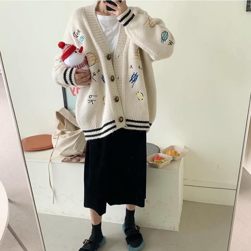 Casual Knitted Cardigan Women's Autumn   Winter Long Loose  Thick Student Embroidery Sweater Coat Fashion