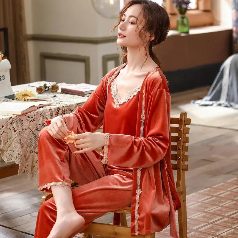 Three-piece Set Women's Sexy Lace Sling Nightgown with Chest Pad Gold Velvet Pajamas Winter Outwear Long Sleeves Night Robe Sleeping Suit