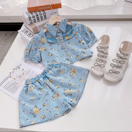 2PCS Children Clothing Set Spring Summer Girls Suits Printing Short Sleeve Tops + Pants Clothing Set