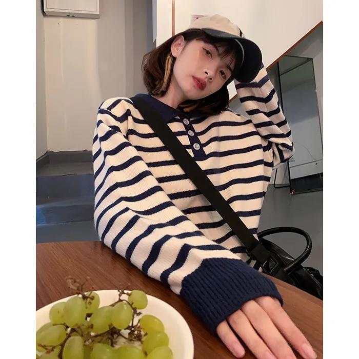 College Style Polo Collar Striped Sweater Female Student Autumn and Winter Casual Loose and Lazy Pullover Sweater Top Outer Wear