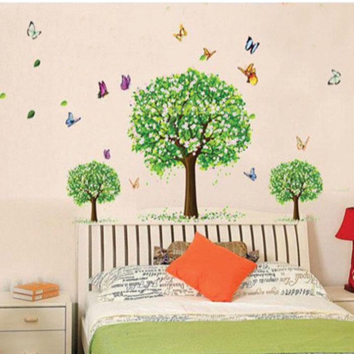 Three green tree colorful butterfly romantic room decoration removable TV background wall sticker