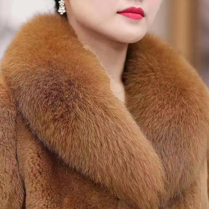 Faux Fur Rex Rabbit Fur and Fox Fur Collar Coat Women's Mid-length Faux Fur Slim Coat Warm and Comfortable Cotton Coat