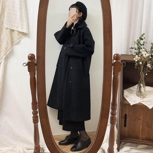 Spring and Autumn Student Mao Ni Mid-length Loose and Thin Thickened Over-the-knee Woolen Coat Jacket Women