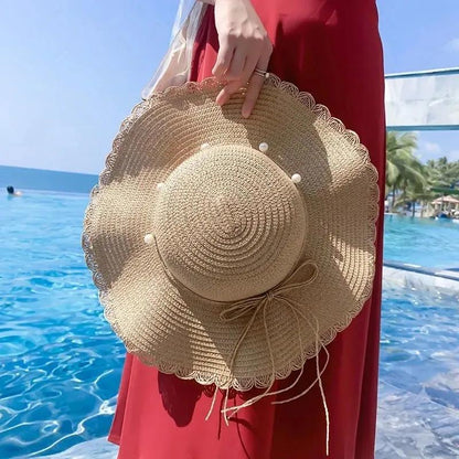 Women's Summer Pearl Wavy Straw Cap Wide Brim Hat Sunscreen Sun Hat Anti-ultraviolet Sun Cap Large Edge Beach Hat