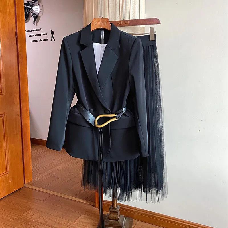 2PCS Women's Autumn High-end Two-piece Suit Jacket + Gauze Skirt Suit Jacket A-line Skirt Casual Work Clothing Ladies Elegant Sets