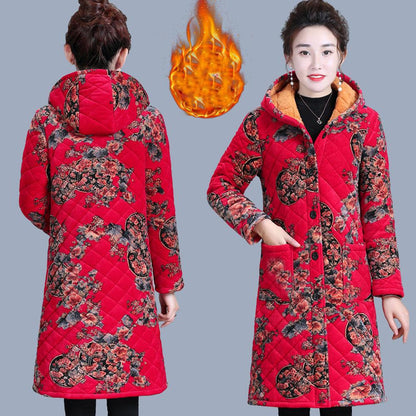 Women's Autumn and Winter Plus Velvet Cotton-padded Jacket Mid-length Cotton-padded Jacket Middle-aged and Elderly Hooded Padded Jacket