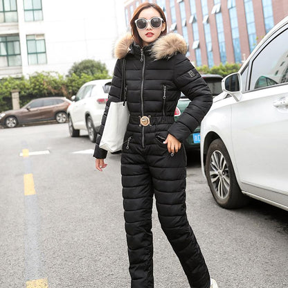 One Piece Ski Suit Women Jackets Winter Fur Collar Hooded Parka Jumpsuit Cotton Bodysuit Sashes Jumpsuits Outdoor Snowboard Jacket Skiing Pant Sets