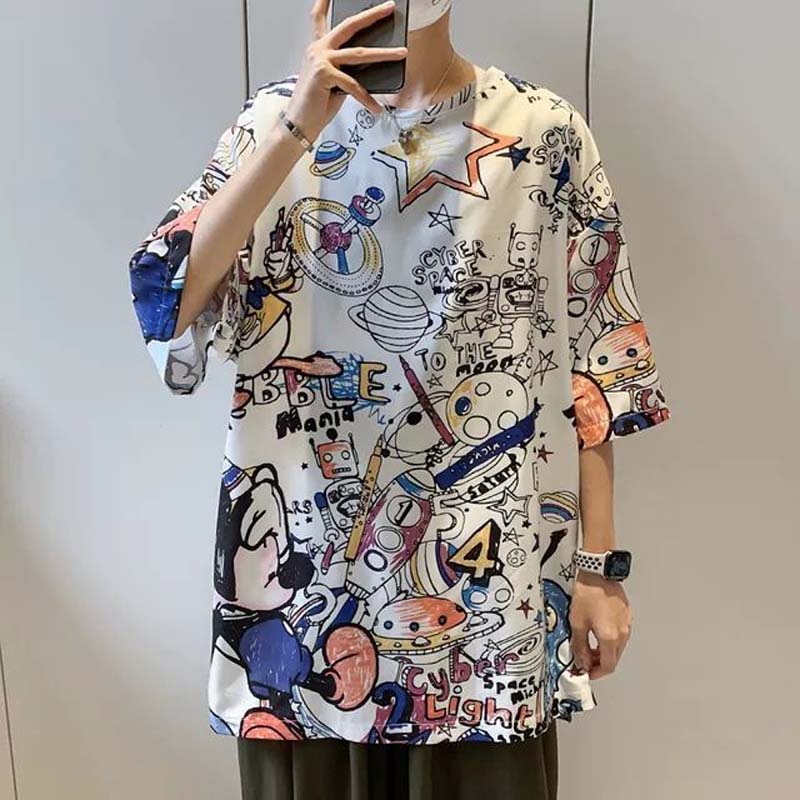 Summer T-shirt Loose Casual Boys Plus Size Short-sleeved Students Japanese Trend Graffiti Half-sleeved Top