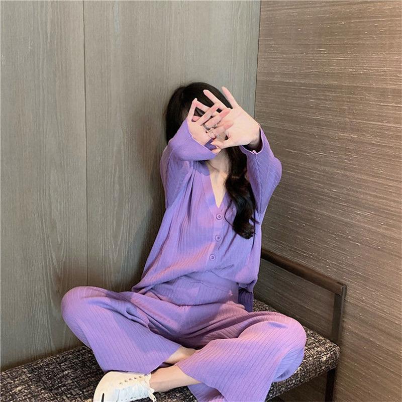 2021 Spring and Autumn Knitted Suit V-neck Cardigan Jacket + Casual Straight Wide Leg Pants Two-piece Female