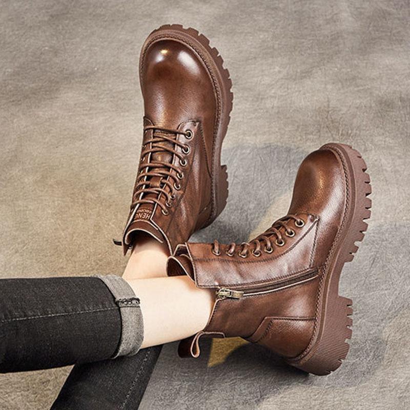 Size35-40 Chunky Motorcycle Boots For Women Autumn 2021 Fashion Round Toe Lace-up Combat Boots Ladies Shoes