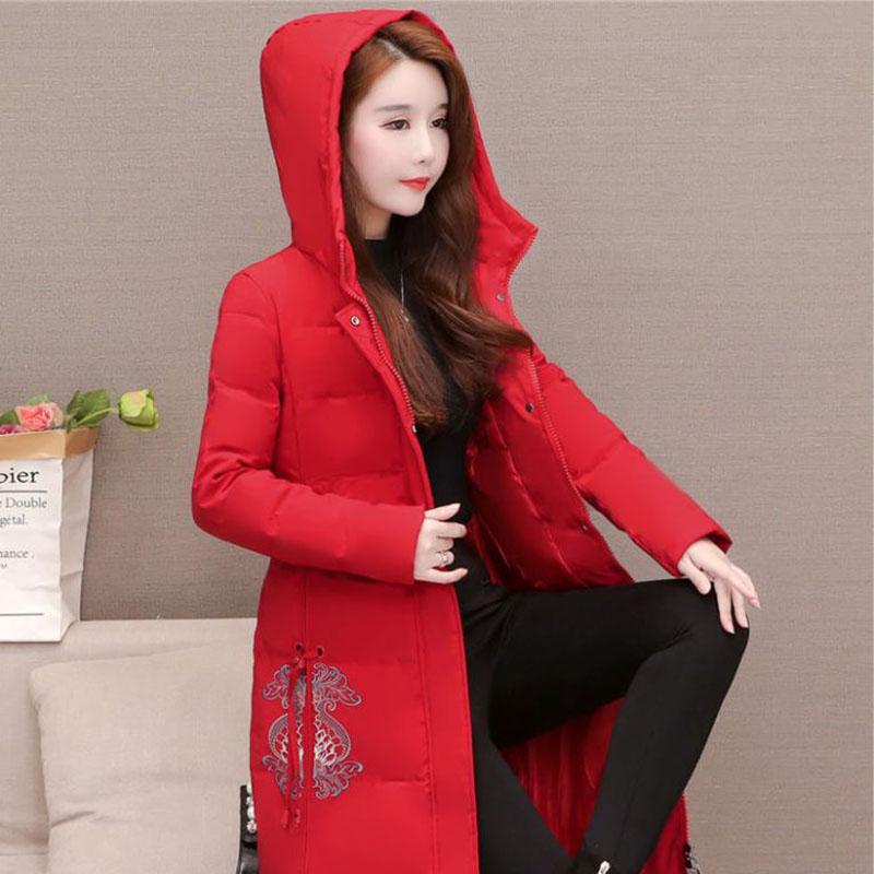 Winter Women's Mid-length Down Jacket Chinese Style Embroidered Slim Down Cotton Jacket Thick Warm Hooded Cotton Jacket