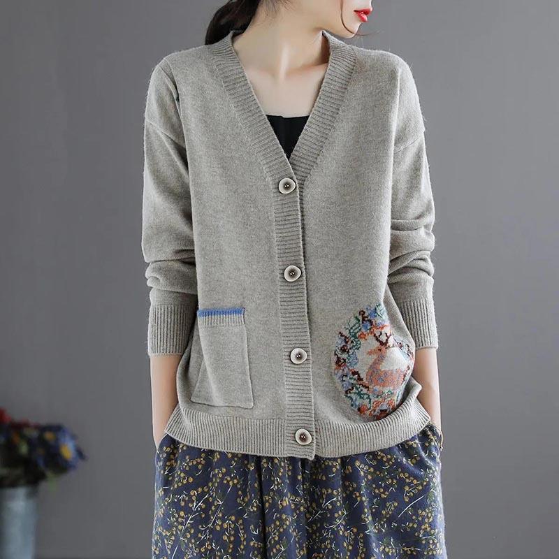 Vintage Cardigan Short Ladies Sweater Spring Loose Jacquard Knit Long Sleeve Jacket