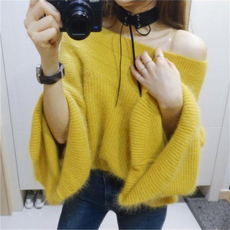 Autumn and Winter Sexy Off-the-shoulder Blouse Mink Fleece Pullover Sweater Loose Big Flared Bottoming Shirt