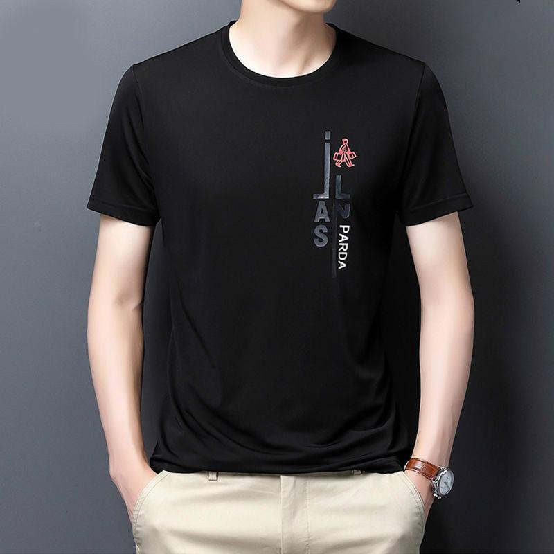 Men's Ice Silk Short-sleeved T-shirt Round Neck Print Trendy Top Half-sleeved Slim Short T