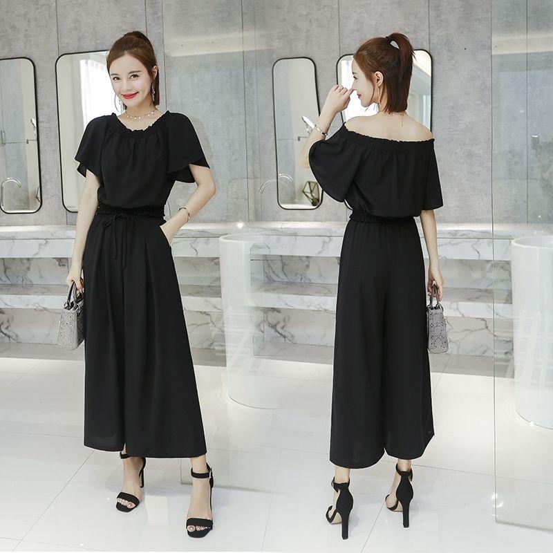 One-shoulder Women's High-waist Wide-leg Pants One-shoulder Short-sleeved Top Suit Two-piece Large Size Wide-leg Pants Two-piece