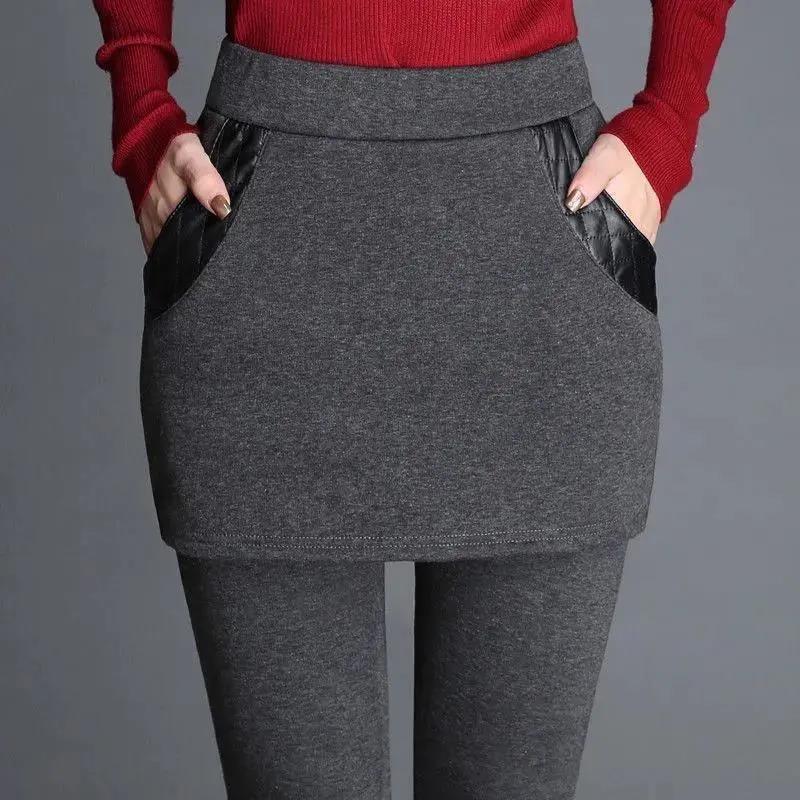 Anti-pilling Leggings for Women's Outer Wear In Autumn and Winter Plus Velvet Warm Feet Pants Stretch Fake Two High-waist Shorts Skirts