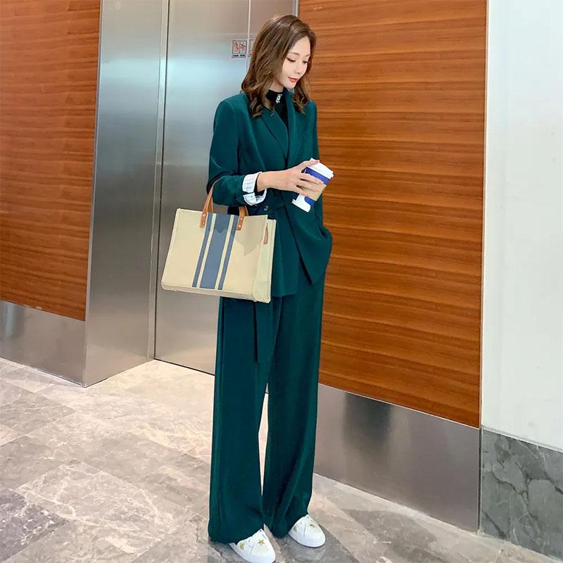 2PCS Women's Suit Suit Autumn Korean Version Casual Professional Suit Jacket + Wide-leg Pants Two-piece Set Lazy Lady Loose Suit