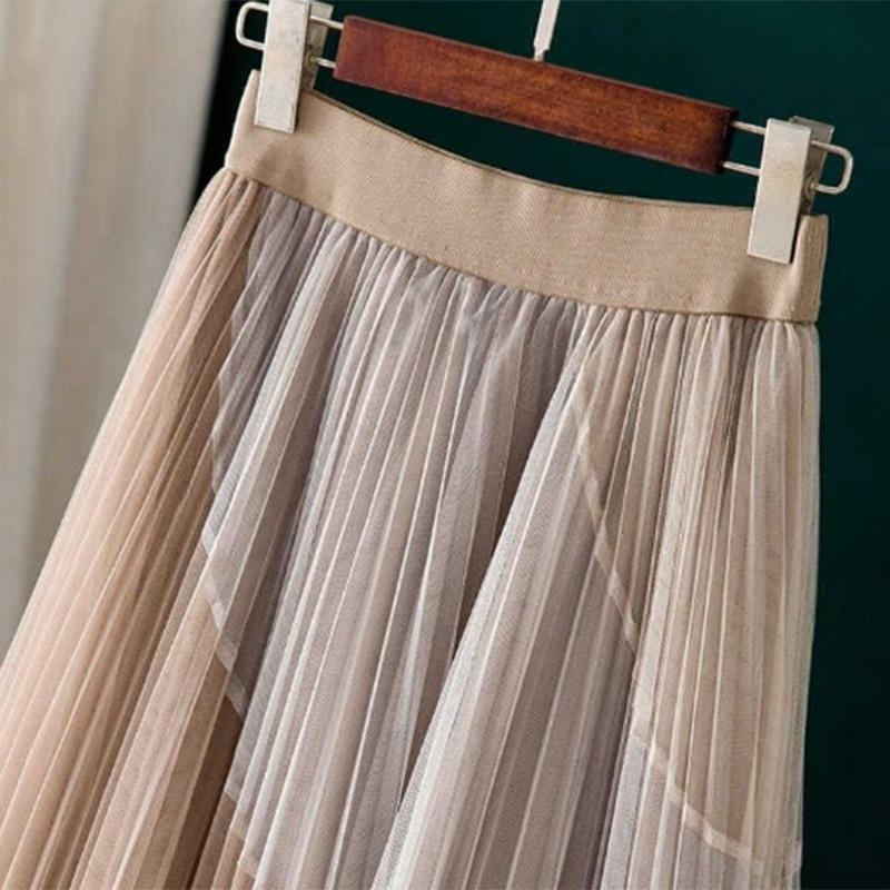 Summer Pleated Printed Mesh Skirt High Waist Thin Elastic Waist Mid-length Large Swing Skirt Women