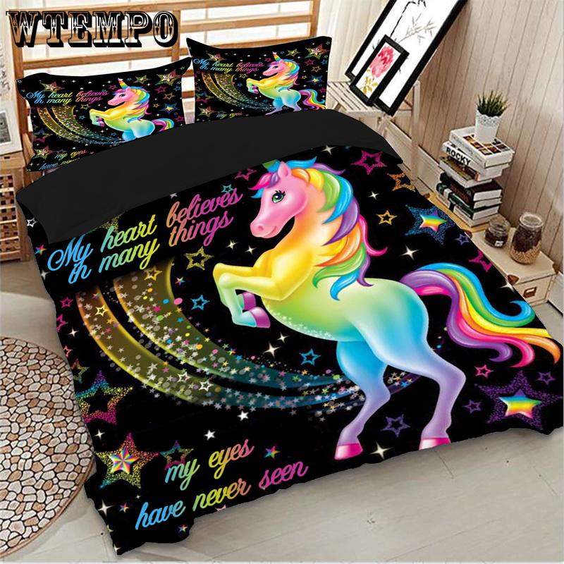 3Pcs Set Cartoon Fashion Classic 3D Rainbow Unicorn Horn  Bedding Sets Printed Duvet Cover