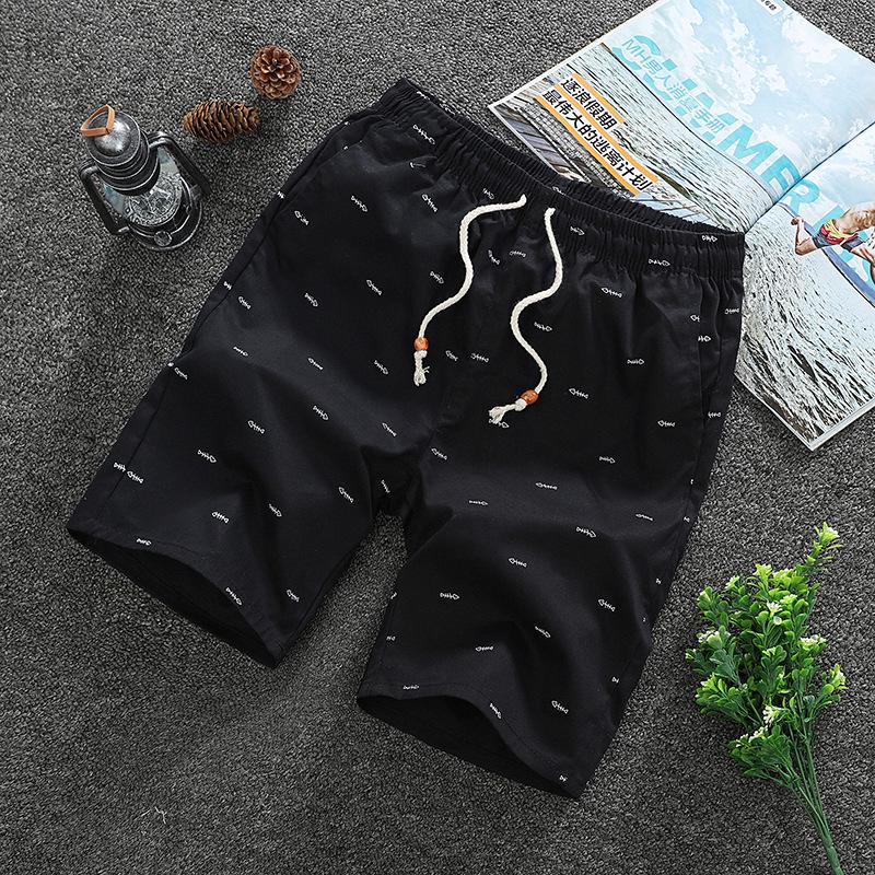 Pure cotton breathable five-point shorts men's summer casual sports shorts outside wearing fish bone print solid color beach pants