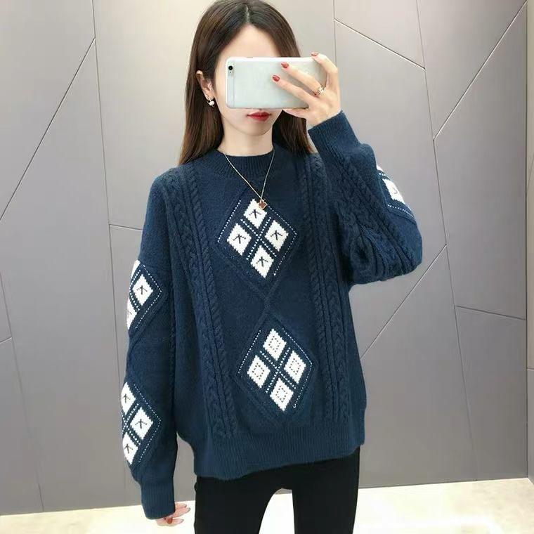 Thickened Twist Diamond Jacquard Pullover Sweater Women's New Fall/winter Round Neck Loose Lazy Sweater