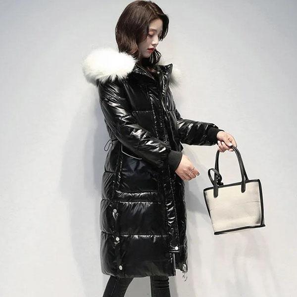 Women's Bright Face Hooded Down Jacket Long Loose Thick Coat Warm Cotton Coat Large Wool Collar Winter Quilted Coat