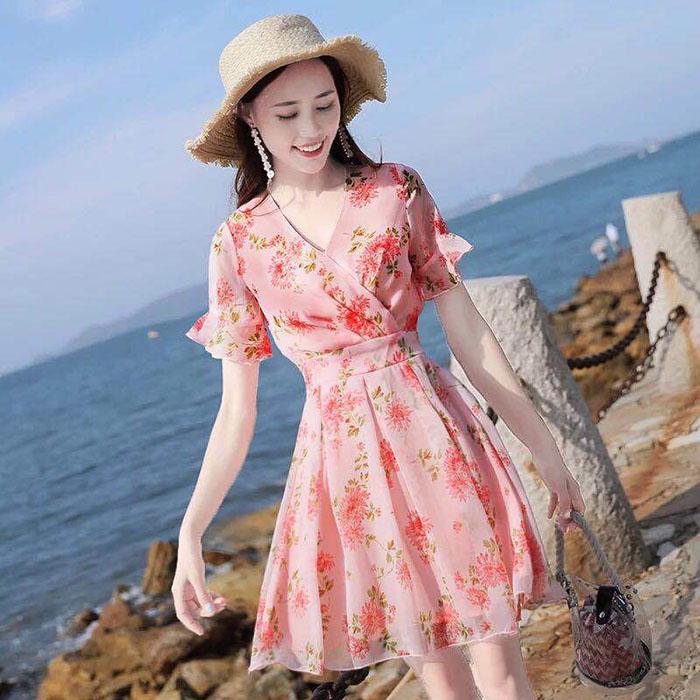 Pofulove Women Chiffon Floral Short-sleeved Dress Slim Short Sun-dresses Vacation Pink Beach Skirt