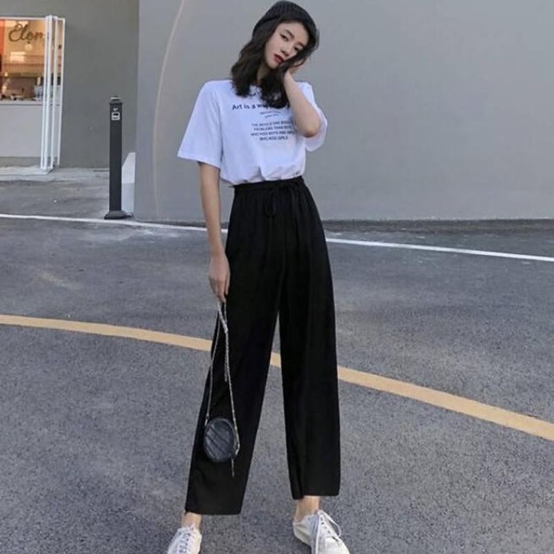 Two-piece Suit Clothes Summer Casual Wide-leg Nine-point Pants Round Neck Short-sleeved T-shirt Women's Casual Sports Suit Home Casual Wear