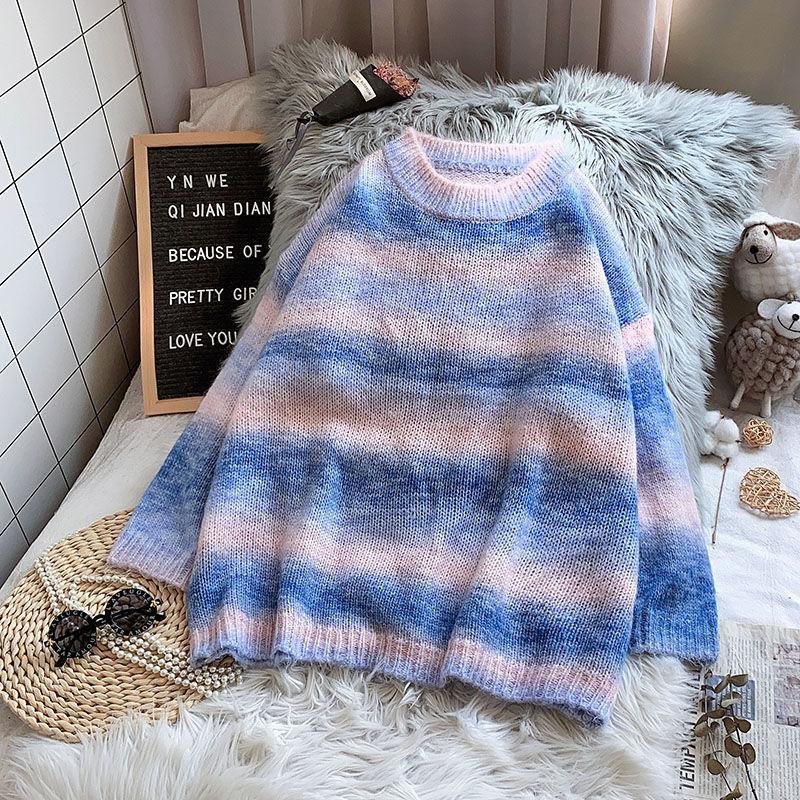 Autumn  Winter  Rainbow Sweater Slimming Women's  Loose Outer Wear Cocoon Casual Long-sleeved Sweater Top