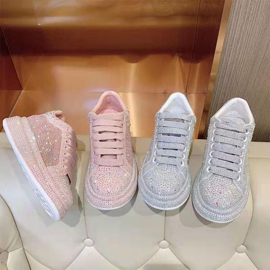 Women's Summer Platform Shoes Thick Bottom Full Diamond Fashion All-match Sneakers Sports Casual Shoes Shining Rhinestone Small White Shoes