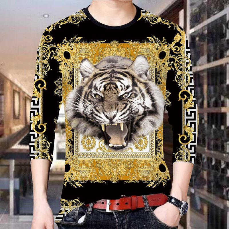 Men's tops spring and autumn men's long-sleeved T-shirt men's 3D printed round neck T-shirt