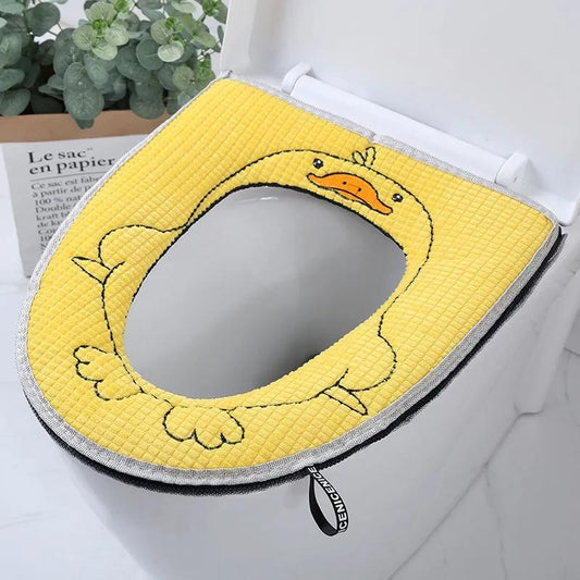 Winter Toilet Seat Covers Thick Fleece Warm Toilet Seat Cushion Washable Toilet Seat Mat Cartoon Duck Cute Soft Lavatory Pad Handle Pink Yellow