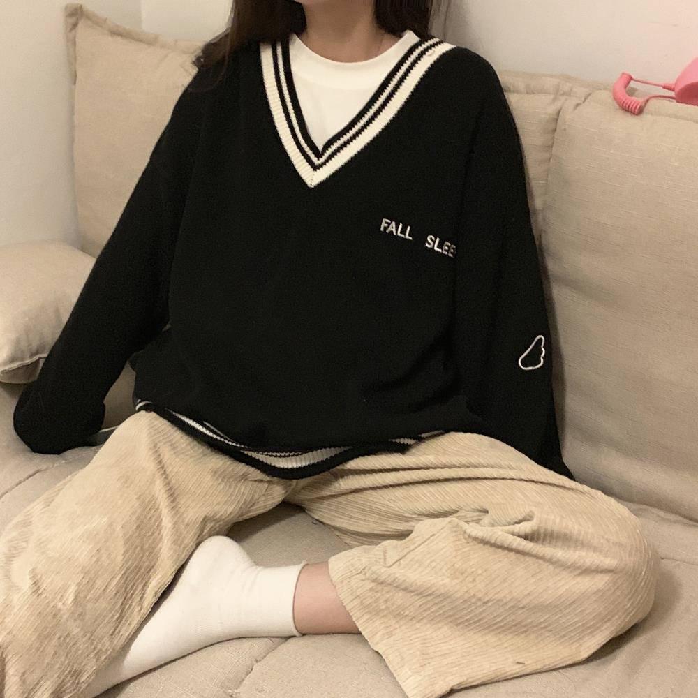 Pofulove Winter College Style V-neck Sweater Bottoming Sweater Female Korean Loose Long-sleeved Coat