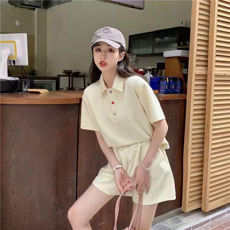 2PCS Casual Sports Suit Women's Summer Short-sleeved Polo T-shirt Shorts Sweet Two-piece Suit Workout Clothes Set