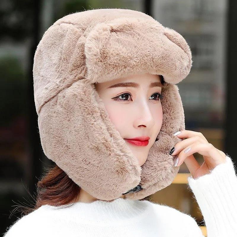 Women's Hat Winter Korean Version Plus Velvet Cold Proof Hat Winter Cycling Ear Protection Thick Windproof Warm Cute Hat Solid Long Ear Cap Fedoras