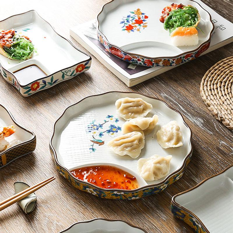 Japanese Dumpling Plate Sushi Plate Round Plate Square Plate Soy Sauce and Vinegar Compartment Household Ceramic Plate