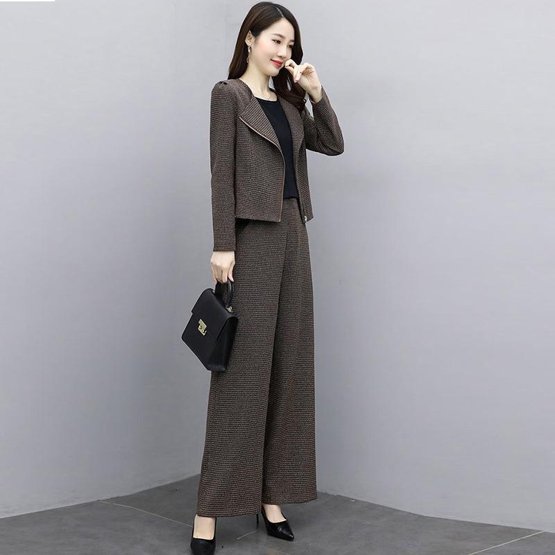 Set Autumn Plaid Trousers Fashion Casual Temperament Houndstooth Short Coat Two-piece Suit Women