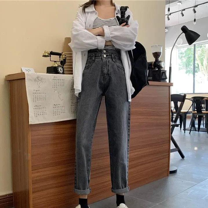 Women's Loose Large Size Streetwear Haren Pants Solid Color Jeans High Waist Slim Versatile Long Straight Pants