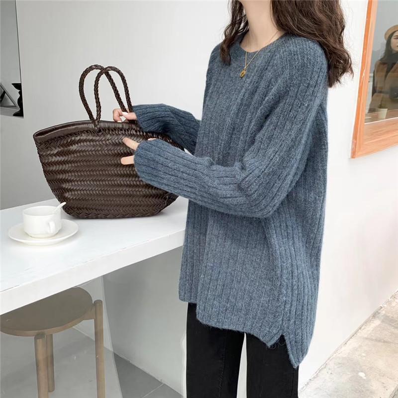 Autumn and Winter Loose Jacket Mid-length Casual Solid Color Sweater Round Neck Pullover Young Women's Top