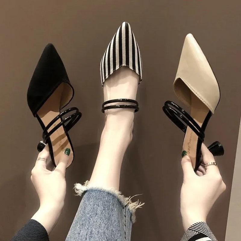 Baotou Half Slippers Women's Summer Fashion Outer Wear Striped Versatile Slippers Two Wear Pointed Toe High Heels Thick Heels Fitting Shoes Trend